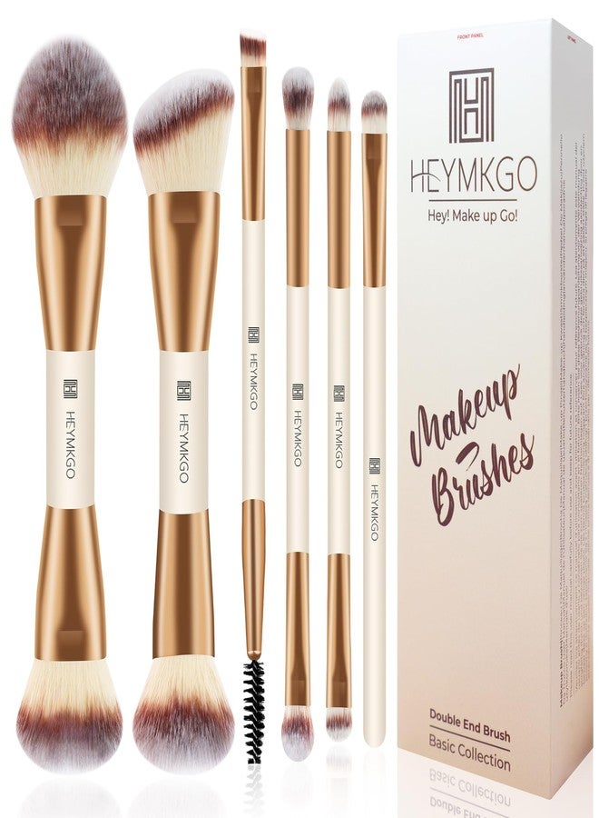 HEYMKGO Makeup Brushes Set, 6Pcs Double-ended Foundation Contour Concealer Powder Eyeshadow Brush for Liquid, Cream, Powder for Blending Buffing Professional Face Brush Set Tools(Apricot) - Image 1